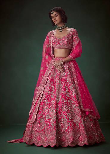 Pink Silk Zari Embroidered Bridal Lehenga Set