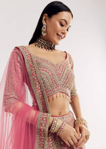 Pink Sweetheart Neck Georgette Cutdana Stonework Lehenga With Net Dupatta