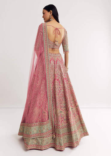 Pink Sweetheart Neck Georgette Cutdana Stonework Lehenga With Net Dupatta