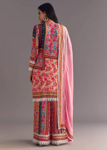 Pink Tabby Silk Floral Print Kurta Palazzo Set With Potli Bag