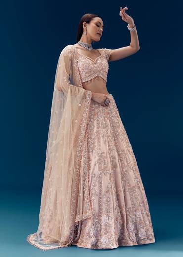 Pink Thread Embroidered Bridal Lehenga Set