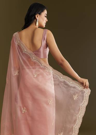 Pink Tissue Embroidered Saree With Cutdana Sequins And Moti