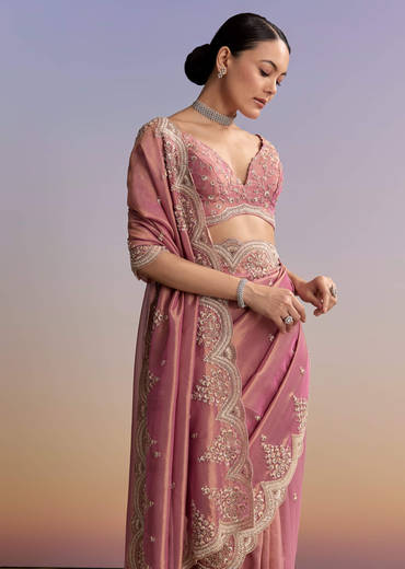 Pink Tissue Embroidered Saree With Sequin And Stone Work