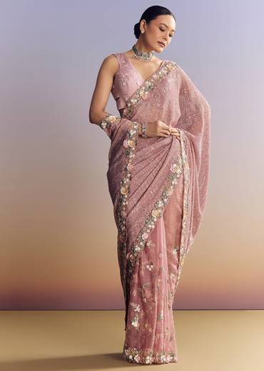 Pink Tissue Half And Half Saree With Floral Sequin Embroidery
