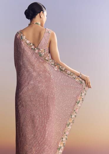 Pink Tissue Half And Half Saree With Floral Sequin Embroidery