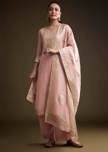Pink Tissue Kurta Set With Zardosi Work And Banarasi Weave