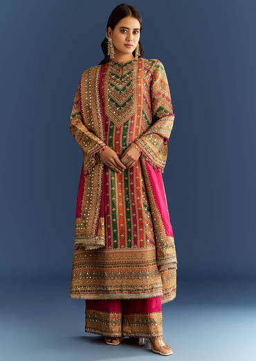 Pink Tissue Kurta With Organza Palazzo And Dupatta