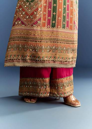 Pink Tissue Kurta With Organza Palazzo And Dupatta