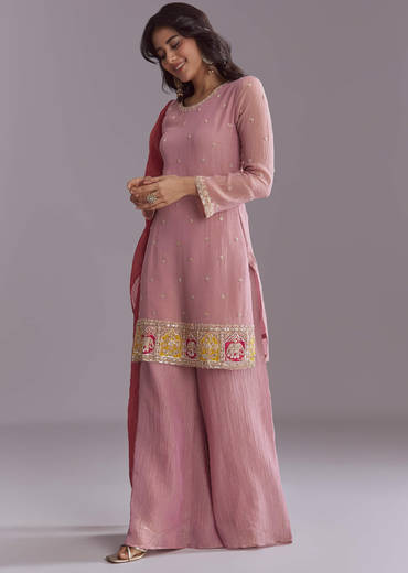Pink Tissue Palazzo Suit With Embroidery And Contrast Dupatta