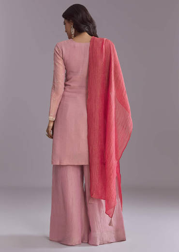 Pink Tissue Palazzo Suit With Embroidery And Contrast Dupatta