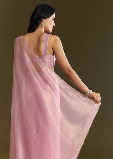 Pink Tissue Saree With All Over Stone Embellishment And Cutdana Scallop Border