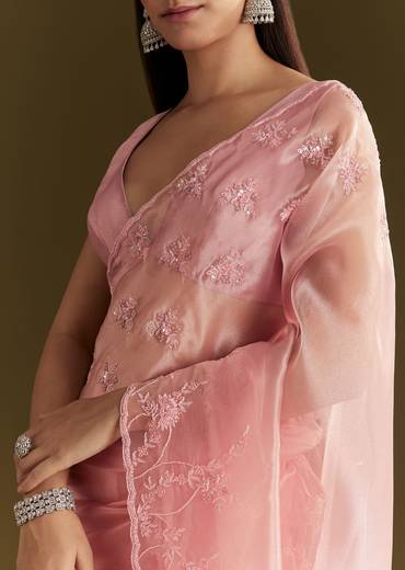Pink Tissue Saree With Heavy Cutdana And Beads Embroidery
