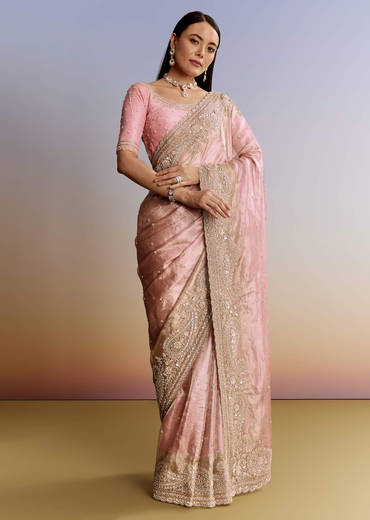Pink Tissue Saree With Zardosi Moti And Cutdana Blouse