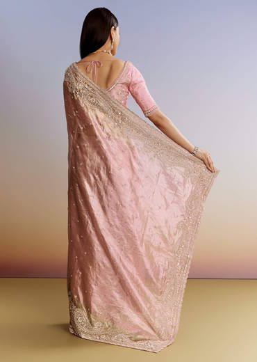 Pink Tissue Saree With Zardosi Moti And Cutdana Blouse