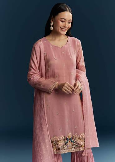 Pink Tissue Sharara Suit With Zardosi And Thread Work