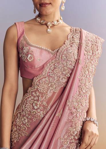 Pink Tissue Silk Saree With Scalloped Border