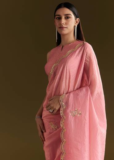 Pink Tissue Zardozi Saree With Scallop Border