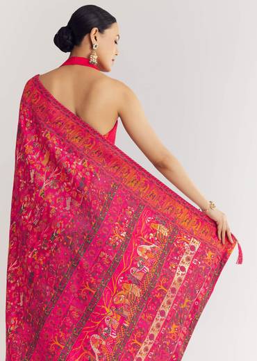 Pink Traditional Element Printed Woven Saree