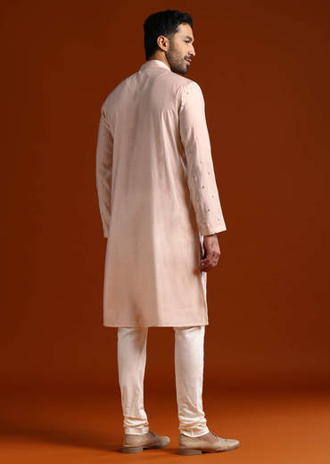 Pink Viscose Kurta Set For Men With Thread Work