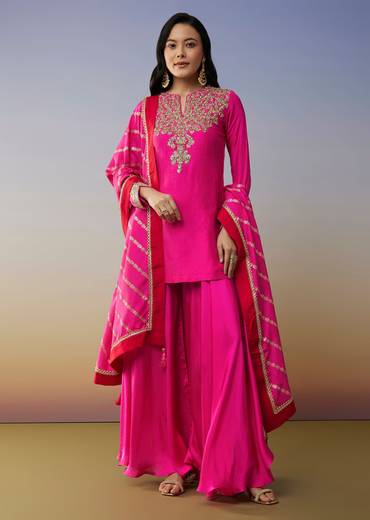 Pink Viscose Satin Palazzo Suit with Zardosi Work