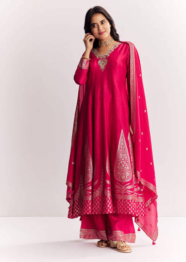 Pink Weave Silk Anarkali Suit With Dupatta