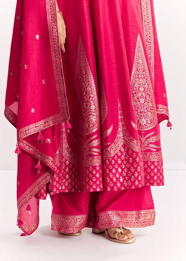 Pink Weave Silk Anarkali Suit With Dupatta