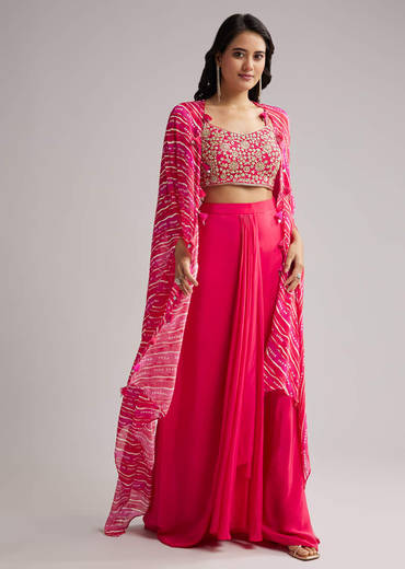 Pink Zardosi Cape Set With Crop Top And Skirt
