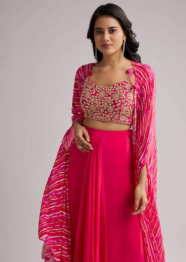 Pink Zardosi Cape Set With Crop Top And Skirt
