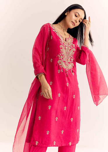 Pink Zardosi Work Dola Silk Kurta Pant With Organza Dupatta