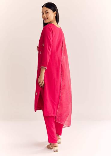 Pink Zardosi Work Dola Silk Kurta Pant With Organza Dupatta