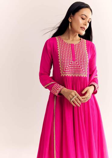 Pink Zari Neckline Chinon Anarkali Suit With Dupatta