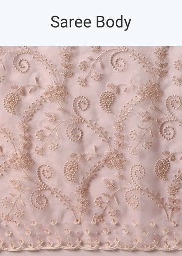 Pink Saree In Organza Silk With Chikankari Floral Work And Unstitched Blouse Fabric
