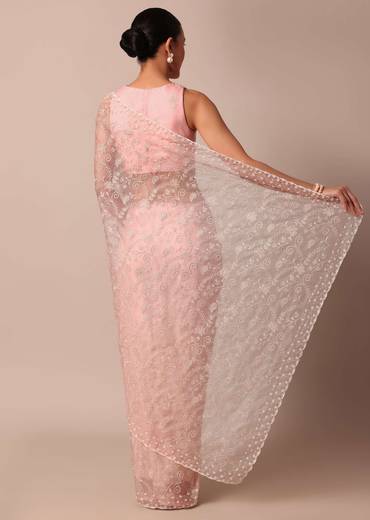 Pink Saree In Organza Silk With Chikankari Floral Work And Unstitched Blouse Fabric