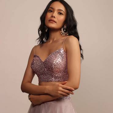 Pink Sequins Blouse With V Neckline And Straps