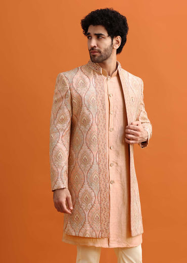 Pink Silk Indowestern Set With Hand Work For Men