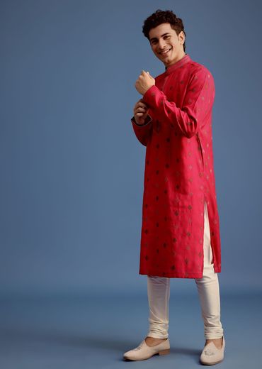 Fuchsia Pink Silk Printed Kurta Set For Men