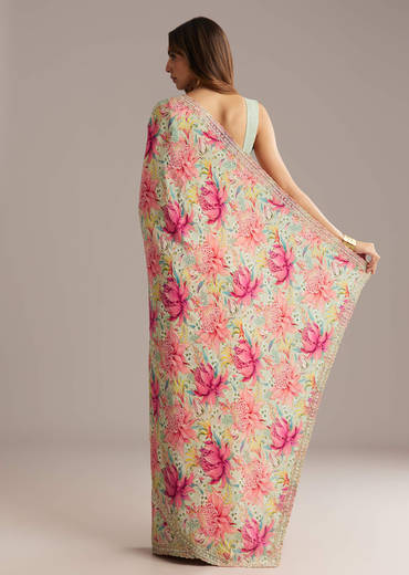 Pista Green Crepe Saree With Floral Print And Sequin Work