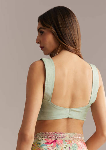 Pista Green Crepe Saree With Floral Print And Sequin Work