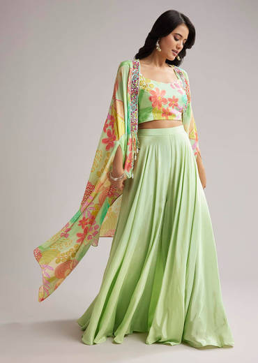 Pista Green Floral Cape Set With Crop Top And Palazzo