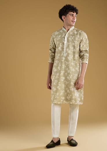 Pista Green Mens Kurta Set With Thread And Mirror Detail