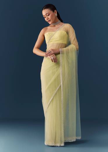 Pista Green Net Saree with Blouse Fabric