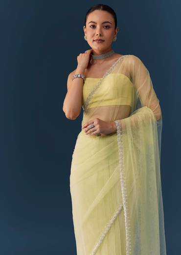 Pista Green Net Saree with Blouse Fabric