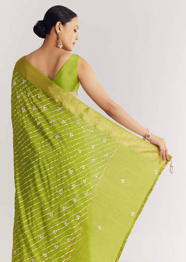 Pista Green Saree With Lehariya Print And Floral Gotapatti And Moti Work.
