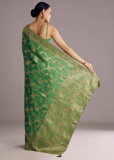 Pista Green Saree With Zari Jaal Weave And Stone Embellishments