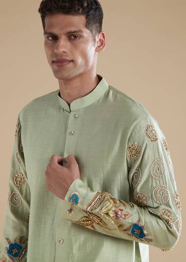 Pista Green Silk Mens Kurta Set with Moti Thread Resham Detail Work