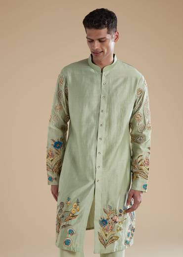 Pista Green Silk Mens Kurta Set with Moti Thread Resham Detail Work