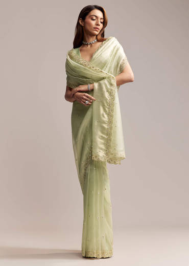 Pista Green Tissue Saree With Butti Work Embroidery