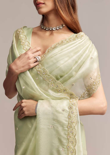 Pista Green Tissue Saree With Butti Work Embroidery