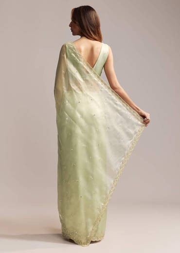 Pista Green Tissue Saree With Butti Work Embroidery