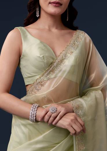 Pista Green Tissue Saree With Cutdana Beads And Sequin Embroidery